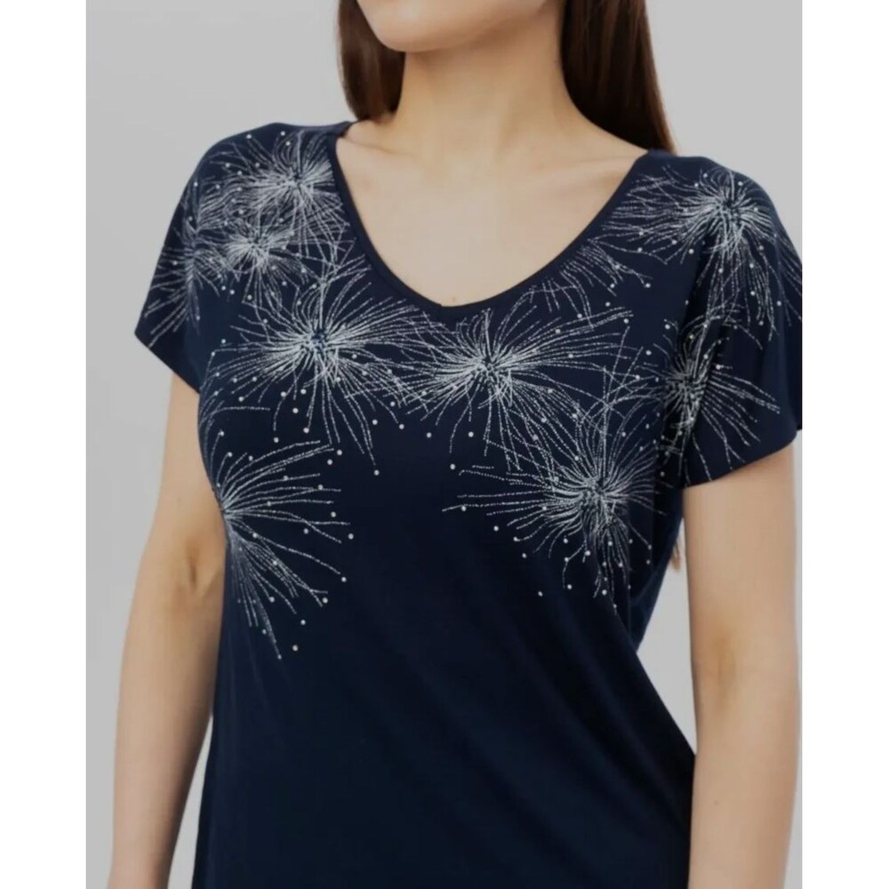 Womens M Navy Blue Print Viscose Knit Elegant T-Shirt Short Sleeve Tee Top Comfy